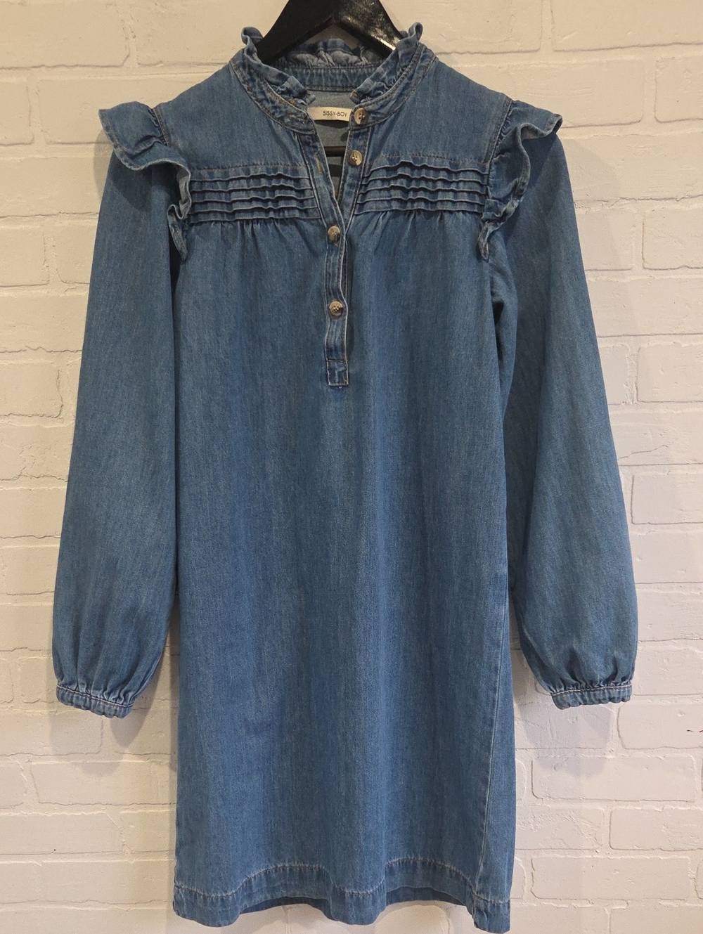 Ruffled Yoke Denim Long-Sleeve Dress - Blue